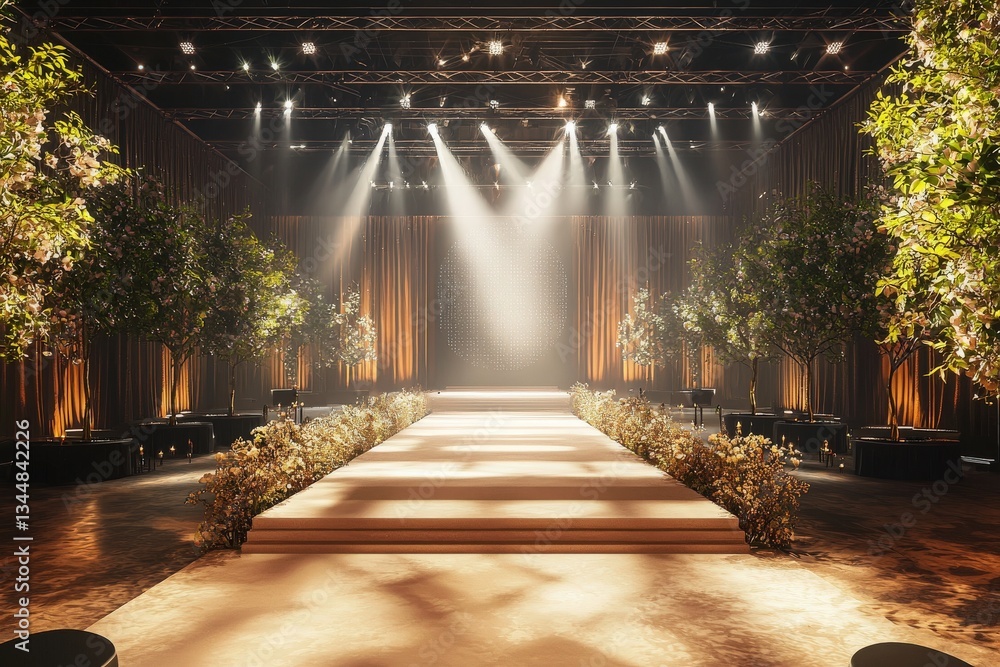 The venue is beautifully arranged with a central runway flanked by lush trees and ambient lighting. Soft beams illuminate the space, creating an inviting atmosphere for a celebratory event.