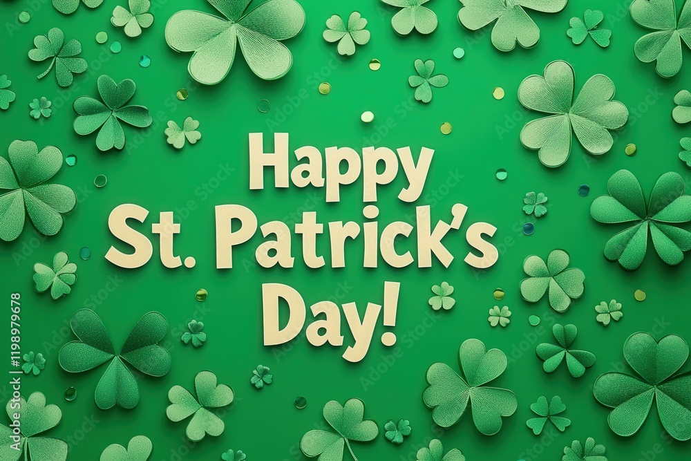 The vibrant background showcases a variety of green clovers and other decorations, celebrating the joy and festivity of St Patricks Day with a warm greeting.