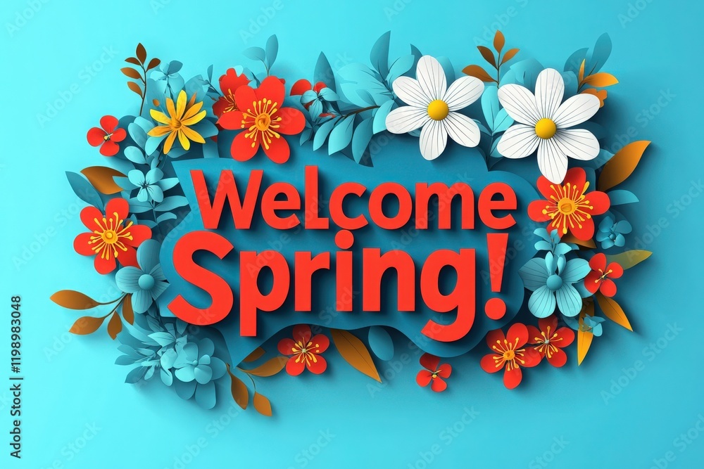 The vibrant design features a mix of flowers in red, blue, and white arranged around the welcoming phrase for spring. This cheerful display captures the essence of the seasons beauty.