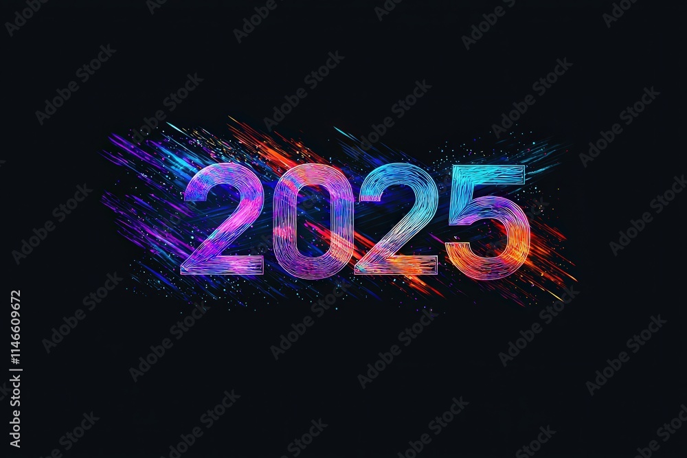 The vibrant design features the year 2025 in bold, colorful numbers. Abstract patterns and textures surround the digits, creating a lively and dynamic aesthetic.