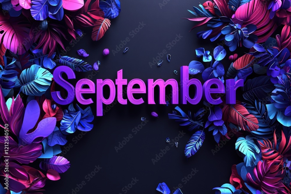 The vibrant design showcases the word September surrounded by an array of colorful leaves in shades of purple and blue, creating a bold visual statement perfect for seasonal themes.
