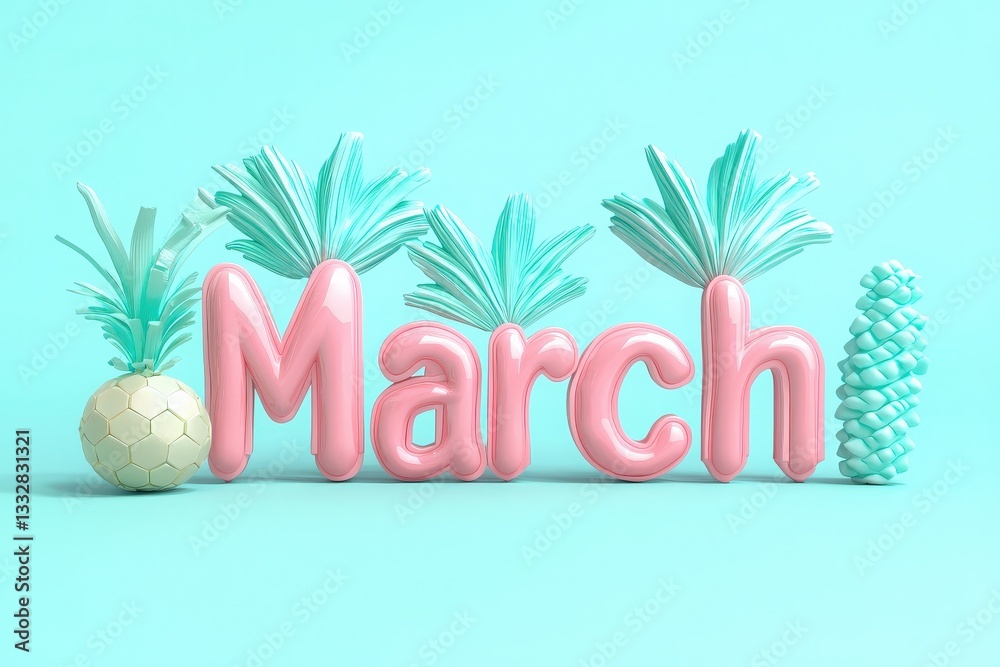The vibrant display features the word March in pink, flanked by stylized pineapples with teal leaves. This lively composition exudes a fun, tropical vibe, perfect for celebrating the month.
