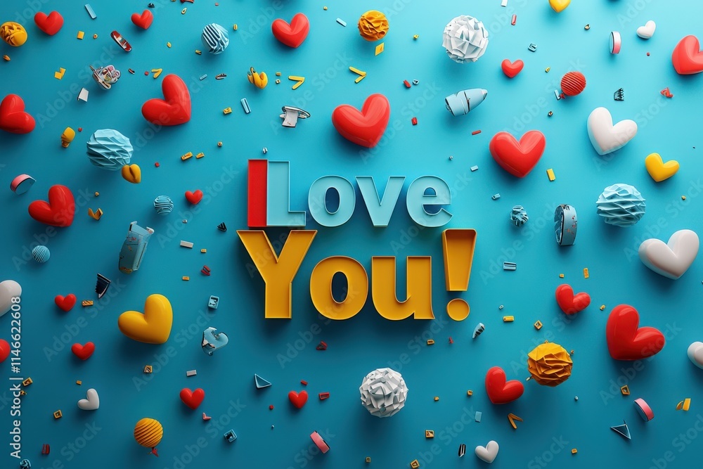 The vibrant layout features bold letters spelling I Love You surrounded by various colorful hearts and playful shapes against a blue backdrop. Perfect for romantic occasions.