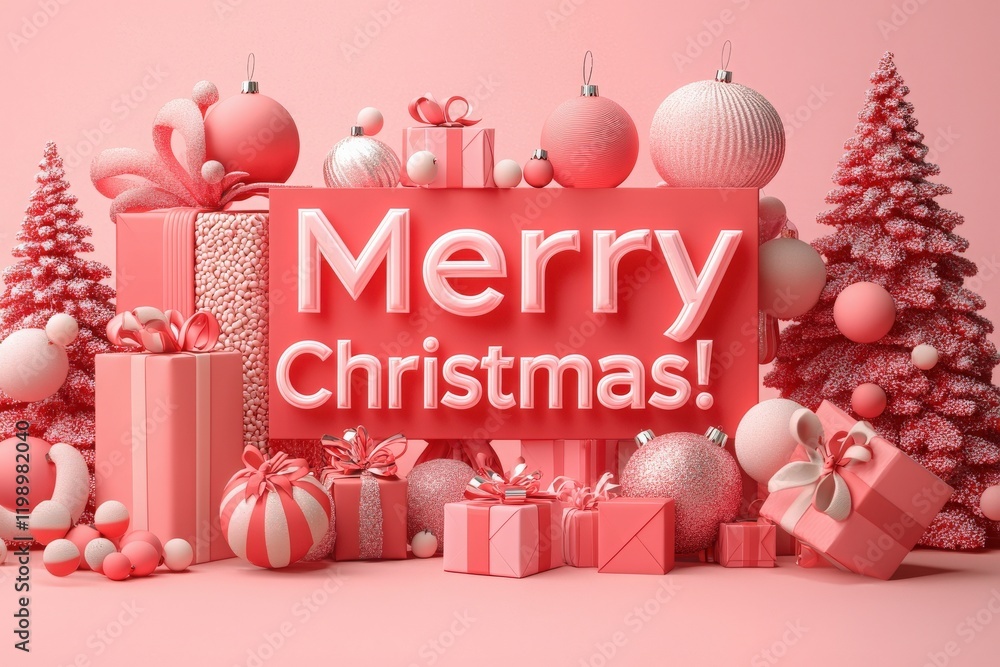 The vibrant pink Christmas arrangement features colorful ornaments, wrapped gifts, and fluffy trees, creating a joyful atmosphere perfect for the holiday season and festivities.