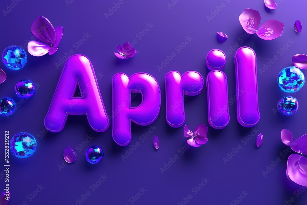 The vibrant word April is prominently displayed in bold purple letters, surrounded by sparkling blue gems and delicate pink petals, creating a festive atmosphere suitable for spring.