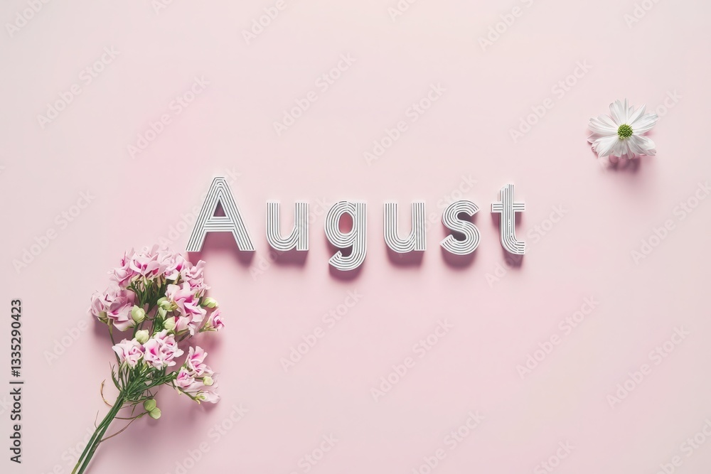 The word August is artistically arranged in striped letters on a smooth pastel pink surface, accompanied by pink flowers and a single white bloom, creating a vibrant yet soft aesthetic.
