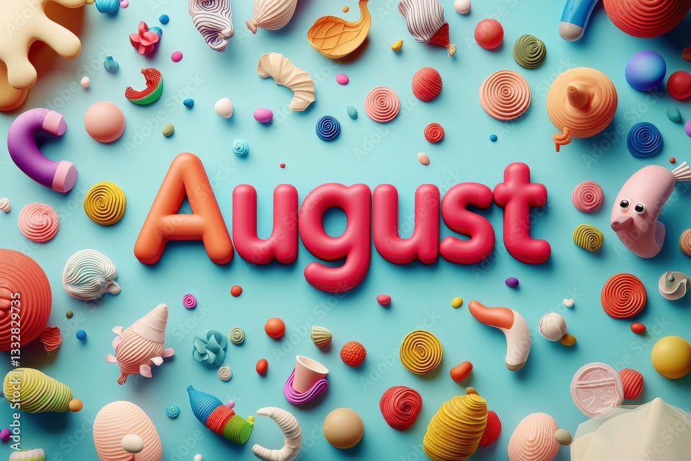 The word August stands out in bold pink, surrounded by playful designs like candies and shells on a blue background, creating a vibrant, festive atmosphere.