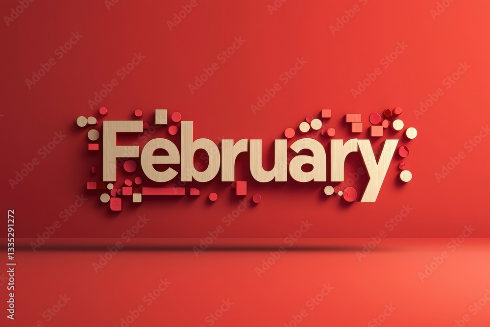 The word February is artistically displayed in a bold font, surrounded by geometric shapes on a bright red backdrop. The design emphasizes warmth and creativity.