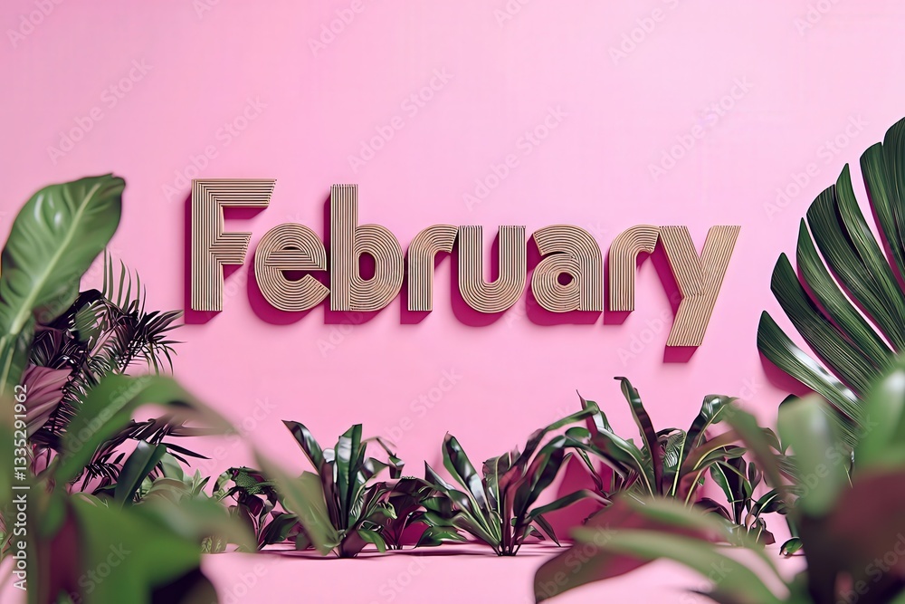 The word February is artistically rendered in a bold, three-dimensional style. It is surrounded by lush tropical plants set against a vibrant pink backdrop, creating a lively atmosphere.