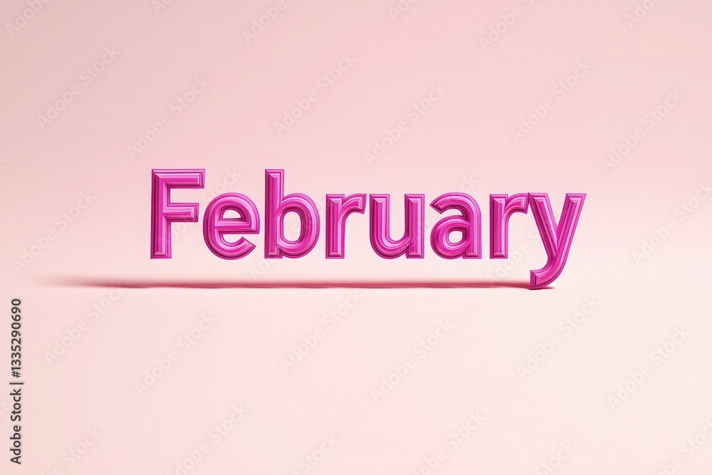 The word February is displayed in bold pink letters against a soft pastel background, highlighting the months significance in a whimsical way. The design emphasizes a modern and playful aesthetic.