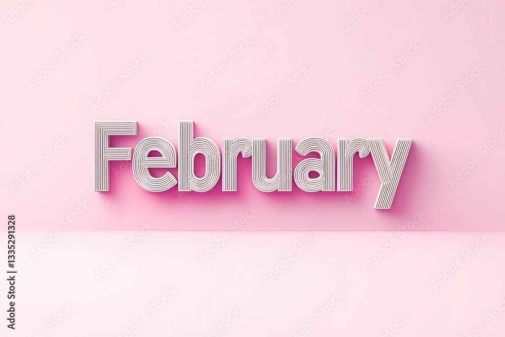 The word February is presented in a bold, three-dimensional design, set against a soft pink background. The minimalist style creates a modern visual appeal, emphasizing the months significance.