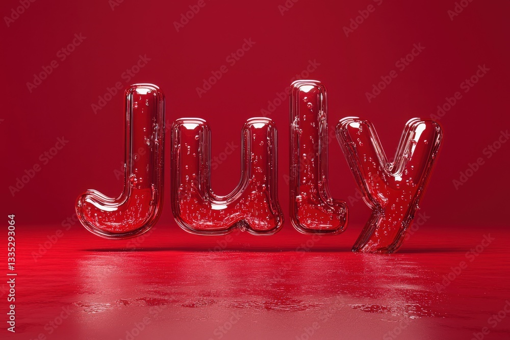 The word July is crafted in a glossy, transparent material, reflecting light and surrounded by bubbles. A rich red background enhances the dramatic effect, creating a striking visual.