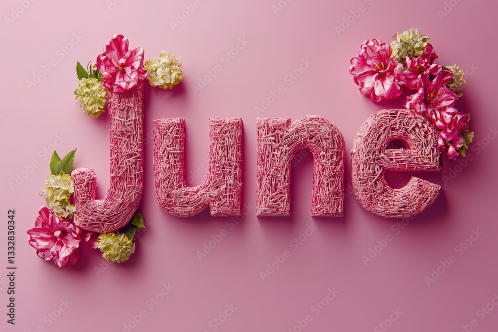 The word June is crafted from textured pink material and surrounded by vibrant flowers on a soft pink backdrop. This setup evokes a cheerful, summer vibe, celebrating the month.