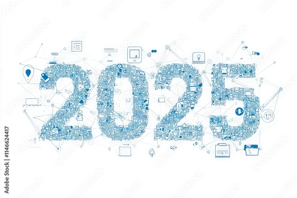 The year 2025 is creatively represented using various digital and technology-themed icons, illustrating the intersection of innovation and modernization in a visually engaging manner.