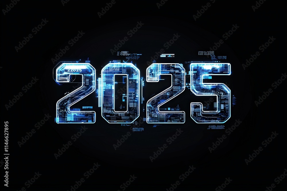 The year 2025 is displayed in a high-tech digital format, featuring glowing blue numbers combined with circuit patterns, symbolizing advanced technology and future trends.