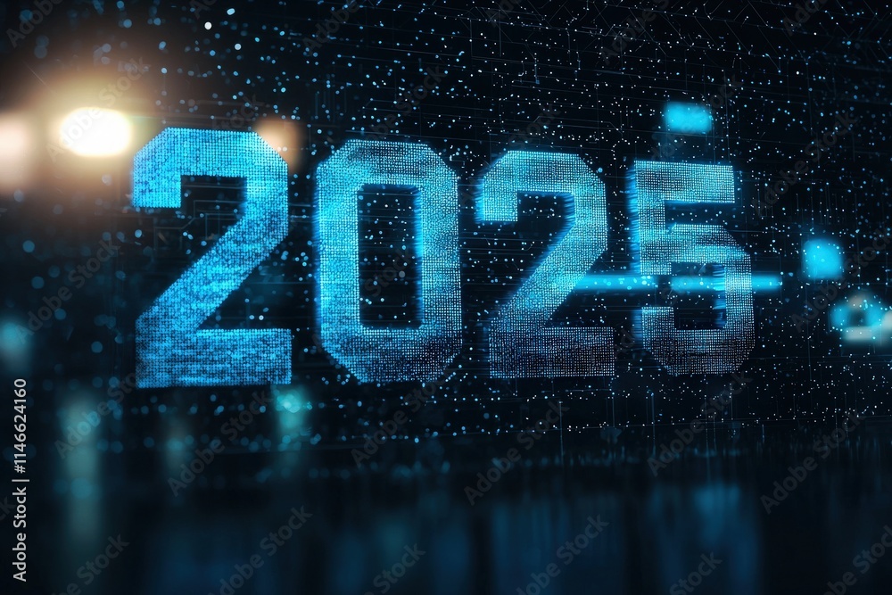 The year 2025 is illuminated in bright digital numbers, surrounded by a backdrop of glowing particles and lights. The atmosphere suggests innovation and technology.