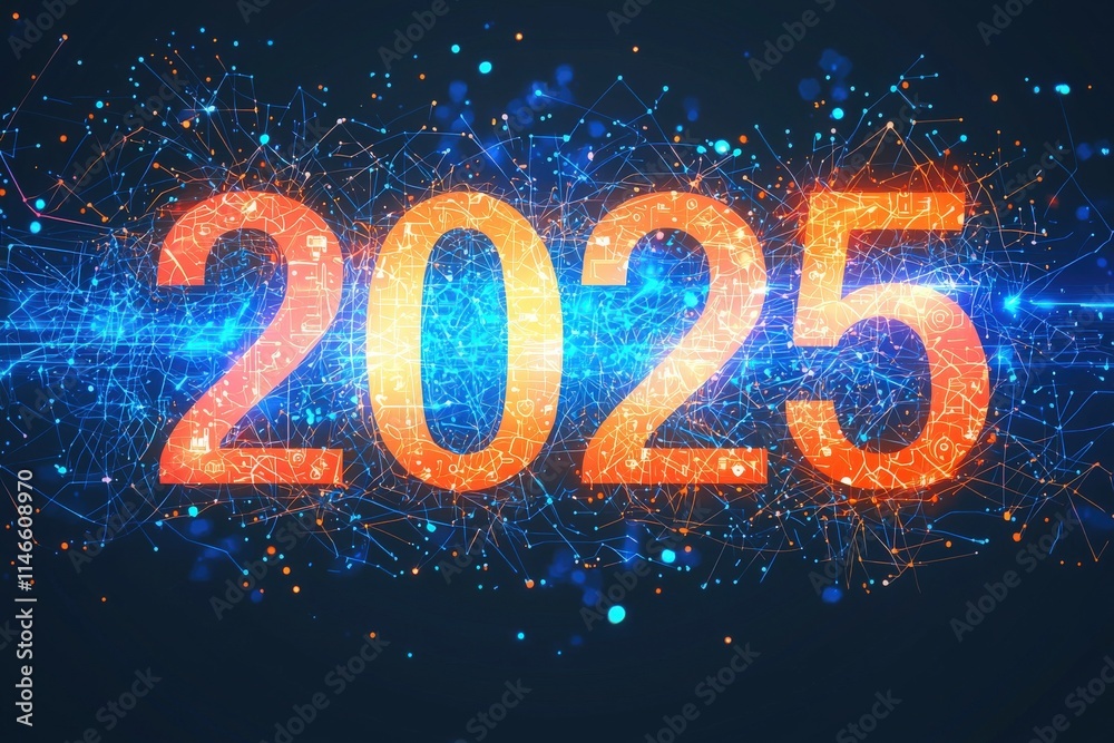 The year 2025 is prominently displayed in bold orange digits surrounded by a colorful digital network design.
