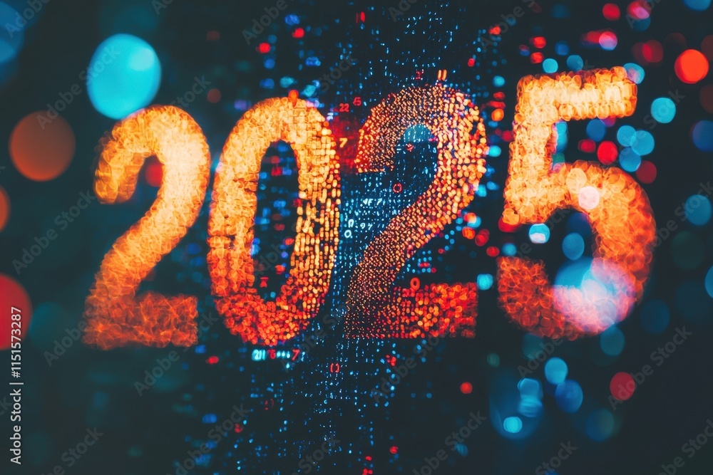 The year 2025 is prominently displayed in bright, glowing numbers against a background of colorful, blurred lights. Vibrant patterns create a dynamic, festive atmosphere.