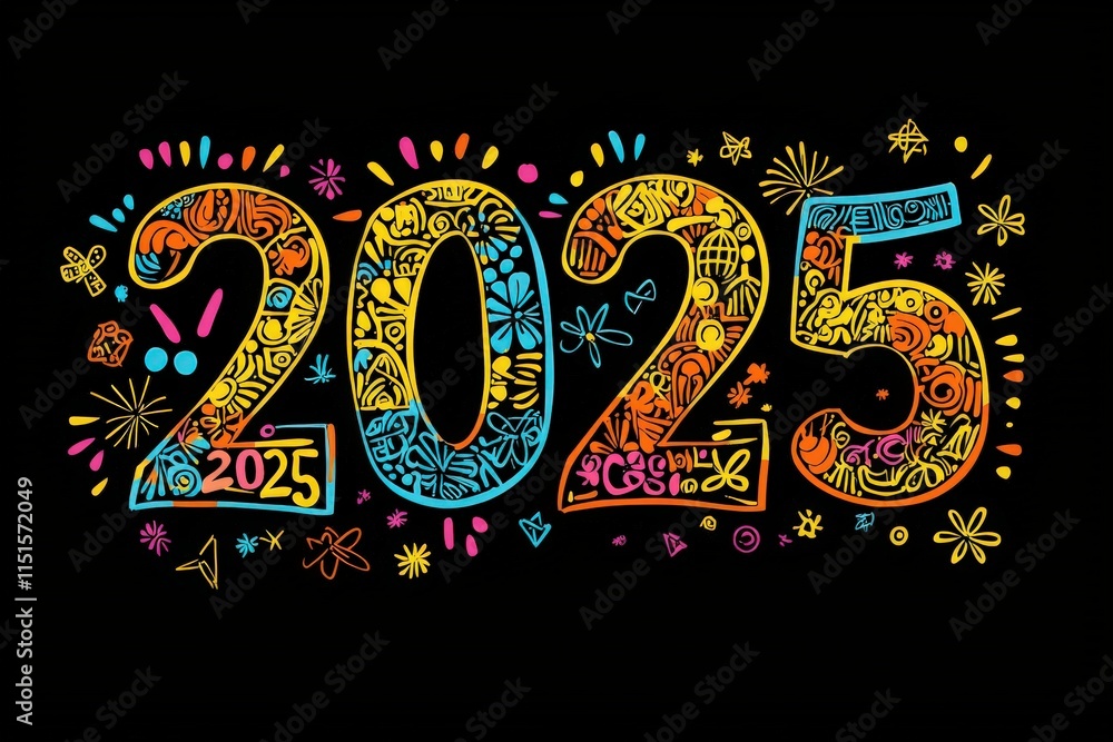 This artistic representation features the year 2025 in bold colors and intricate designs.