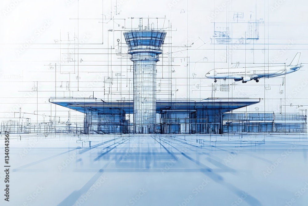 This artwork depicts a futuristic airport design, showcasing intricate blueprints featuring a control tower, terminal structure, and a commercial aircraft soaring above.