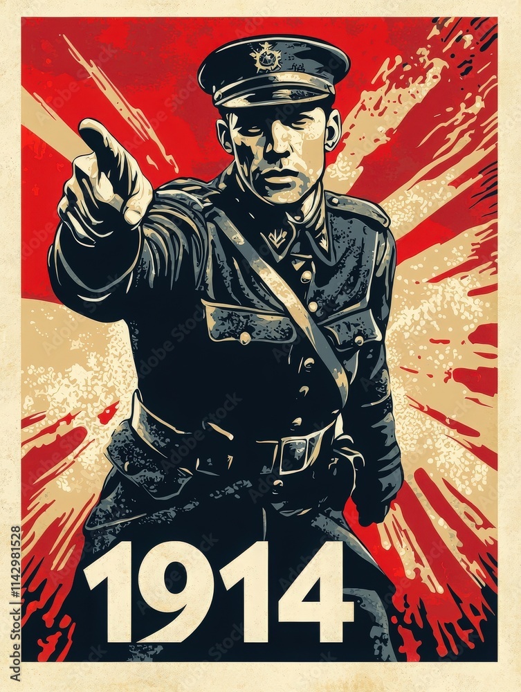 This artwork depicts a soldier in a military uniform, pointing forward, symbolizing strength and determination. The vibrant red background conveys urgency and patriotism, reflecting a pivotal year.