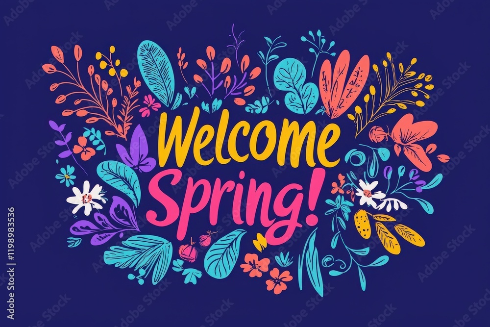This artwork features a bright and cheerful design showcasing an array of colorful flowers and leaves. The vibrant text welcomes spring with lively hues against a dark background.