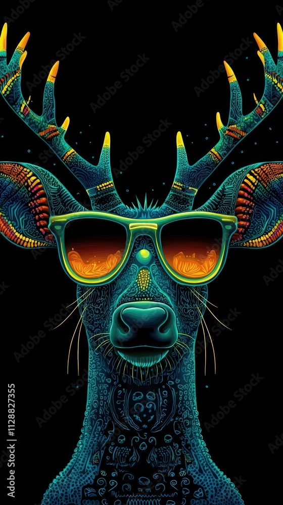 This artwork features a striking deer with intricate patterns and bright colors. The deer sports oversized sunglasses, giving it a cool and trendy appearance against a dark background.