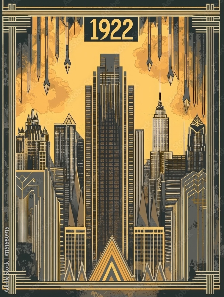 This artwork features a stunning skyline showcasing art deco architecture from 1922. Tall buildings and geometric designs dominate the scene, enveloped in warm golden hues.