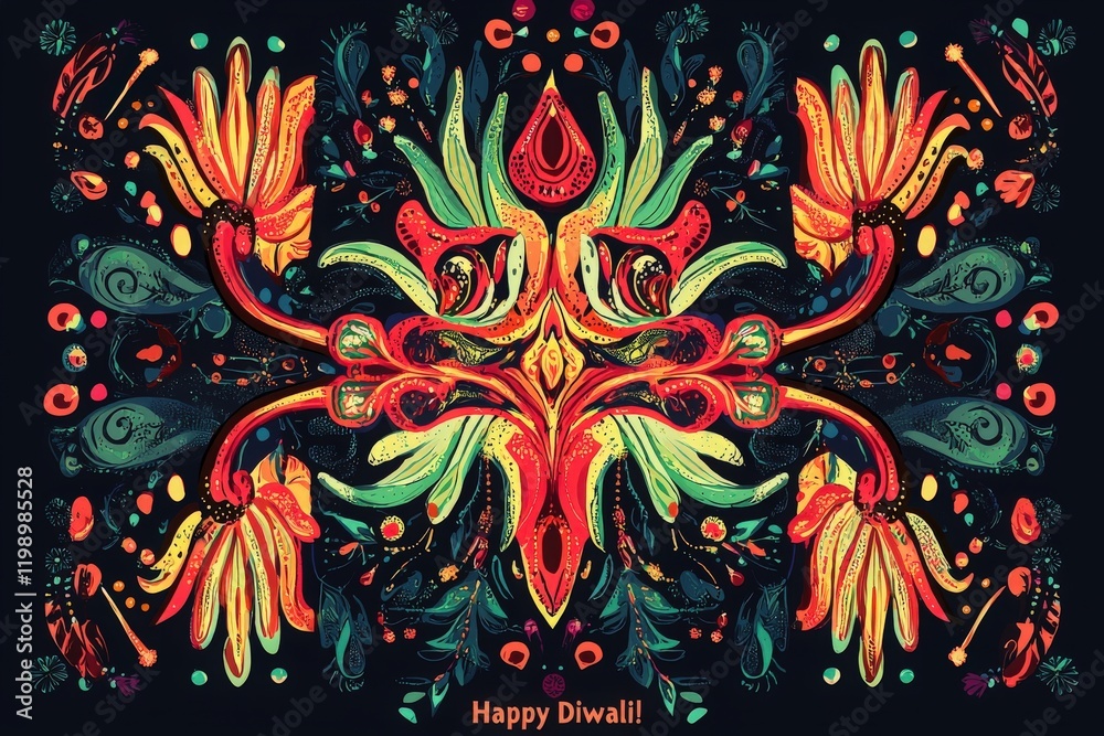 This artwork features a vibrant, intricate floral design celebrating Diwali, showcasing bright colors, patterns, and festive imagery. The composition embodies the spirit of joy and celebration.