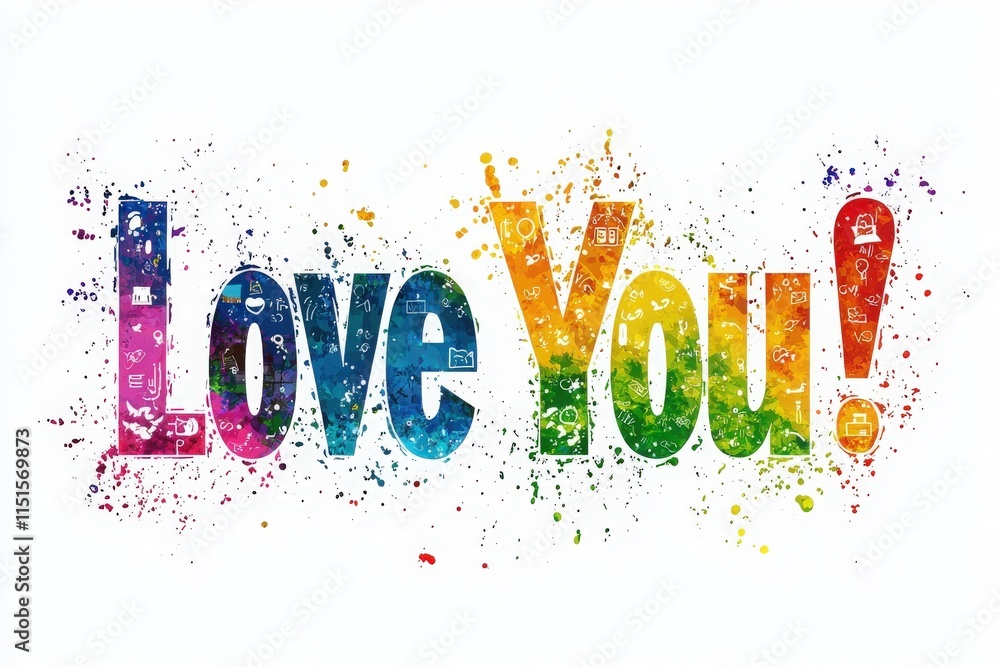 This artwork features the phrase Love You! in bold, bright colors, surrounded by abstract splashes and intricate patterns. It evokes a joyful, affectionate feeling.