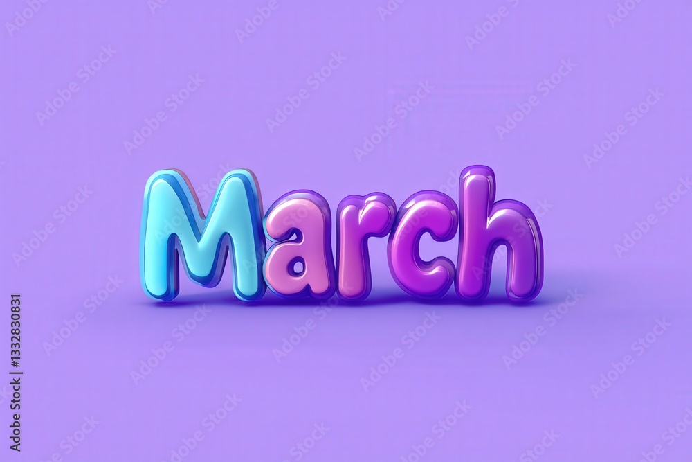 This artwork features the word March in vibrant 3D lettering. The letters display a mix of blue and purple hues, set against a soft purple background, emphasizing its playful and youthful essence.