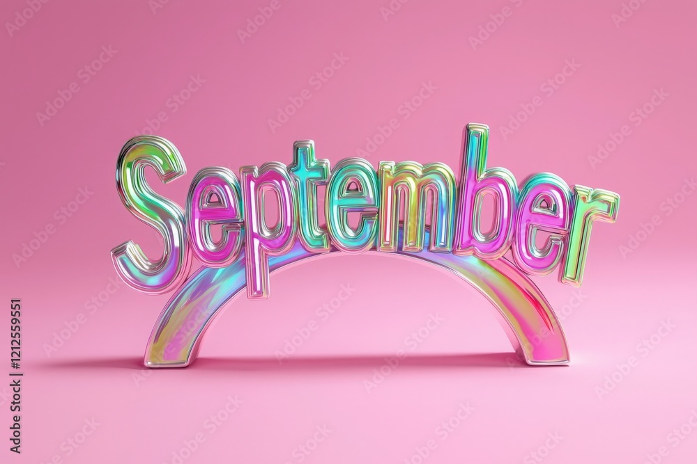 This artwork features the word September, crafted in a colorful, shiny font. The vibrant design creates a cheerful atmosphere, set against a soft pink backdrop, enhancing the months appeal.