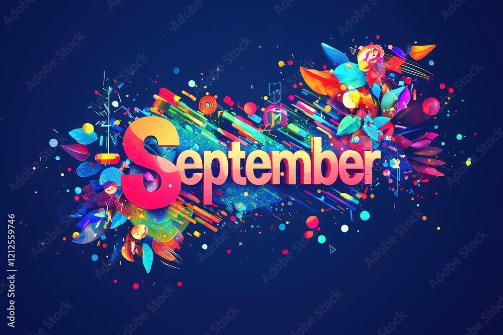 This artwork features vibrant colors and abstract shapes that create a festive representation of September. The fusion of blossoms and geometric elements evokes a lively atmosphere.
