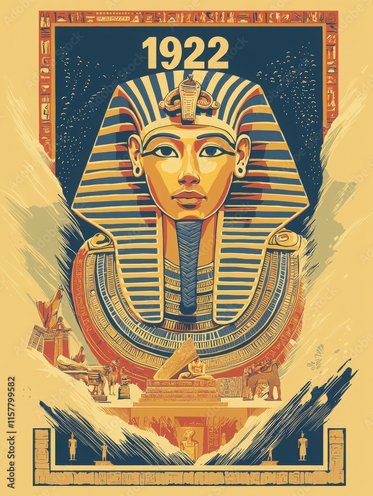 This artwork illustrates the famous face of King Tutankhamun surrounded by hieroglyphics and Egyptian motifs, celebrating the historic excavation of his tomb in 1922 by archaeologists.