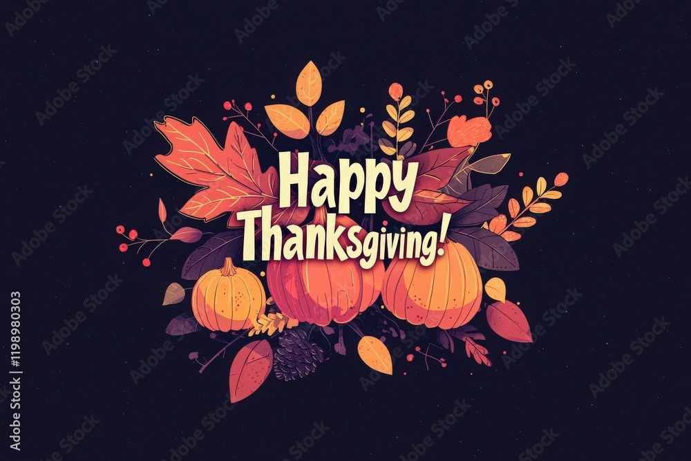 This artwork showcases festive autumn elements including pumpkins, colorful leaves, and berries, conveying a joyful Thanksgiving spirit. Perfect for seasonal celebration and decoration.