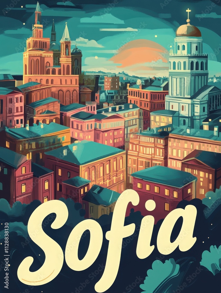 This artwork showcases the vibrant city of Sofia, featuring prominent historic buildings against a stunning sunset. The colorful skyline highlights the rich architectural heritage.