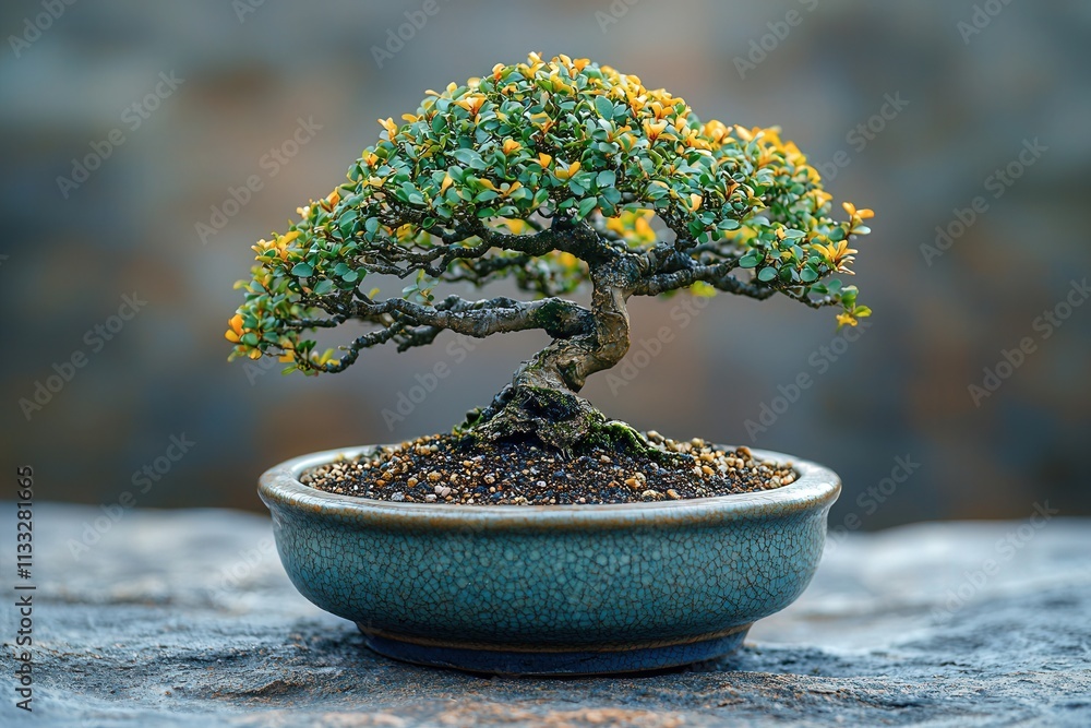 This beautiful bonsai tree features dense green foliage and striking yellow flowers, elegantly displayed in a dark ceramic pot on a textured stone surface, creating a tranquil ambiance.
