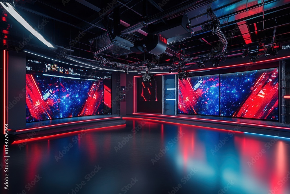 This broadcast studio features large high-definition screens showcasing cosmic visuals. Vibrant red and blue lights illuminate the sleek design, creating a dynamic atmosphere for productions.