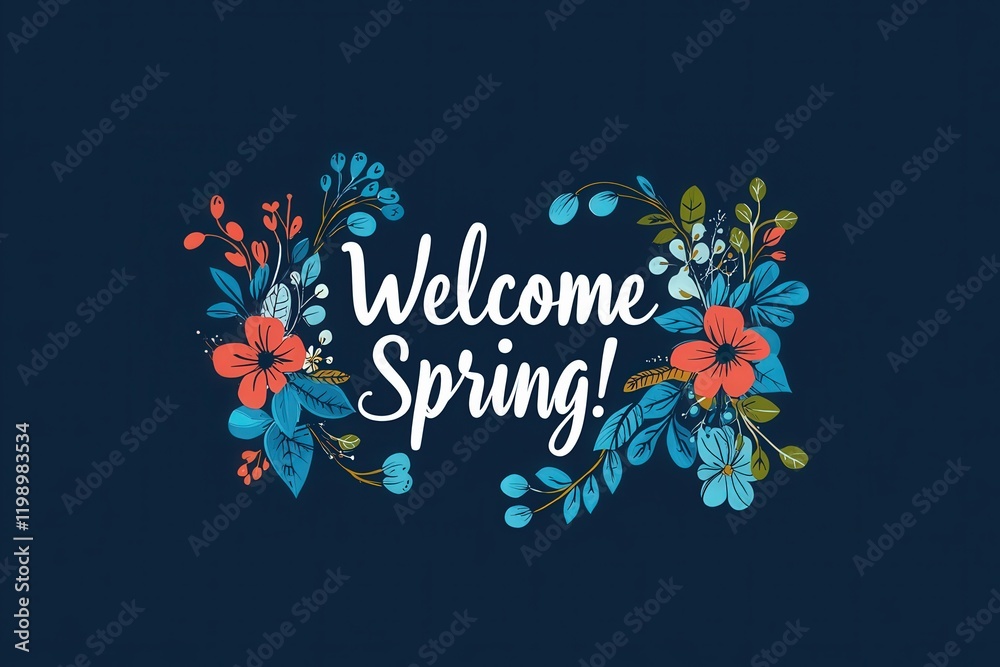 This cheerful design features colorful flowers and leaves arranged around the phrase Welcome Spring. The vibrant colors and patterns evoke a joyful atmosphere, celebrating the arrival of the season.