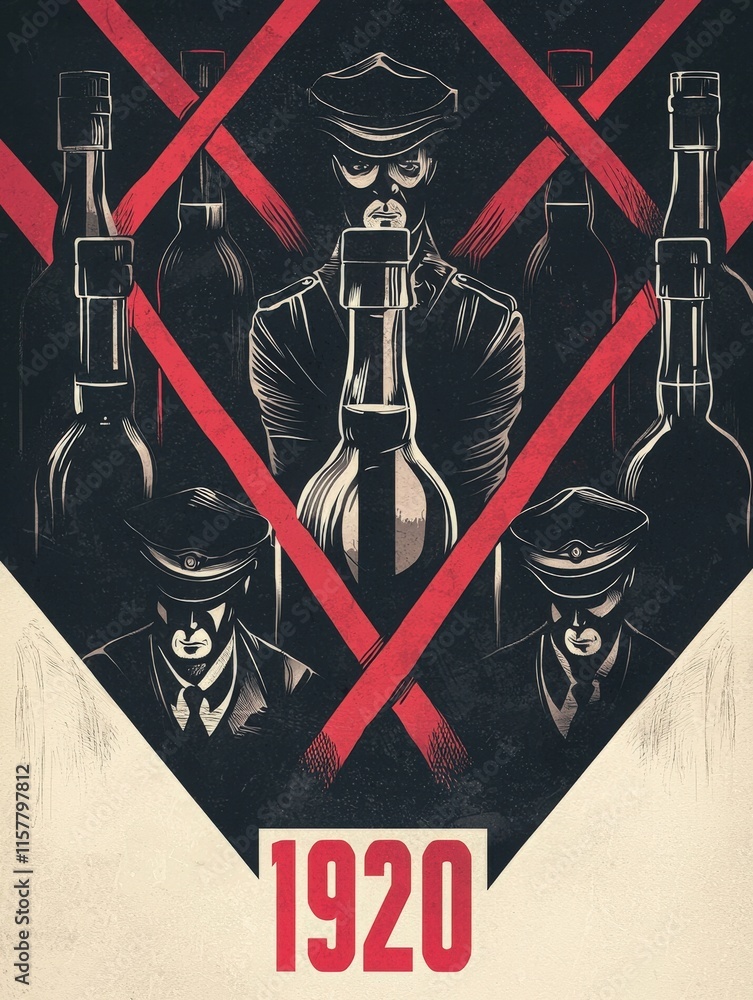 This creative artwork embodies the 1920s prohibition era, featuring masked law enforcement figures amid liquor bottles, highlighting the tension between authority and smuggling.