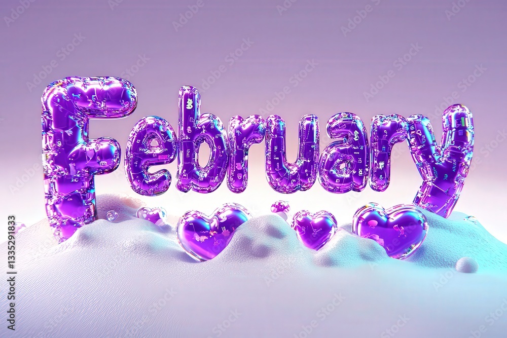This design showcases the word February crafted from glossy, icy letters, surrounded by soft snow. The letters are embellished with hearts, giving a whimsical feel to the winter theme.