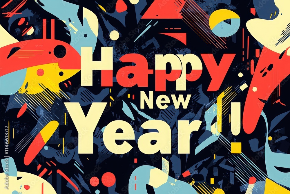 This graphic features bold colors and dynamic shapes to celebrate New Years. The prominent text conveys good wishes, creating an energetic and joyful atmosphere for festivities.