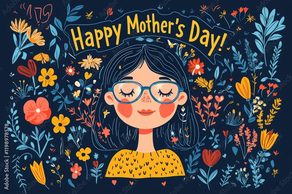 This illustration features a girl wearing glasses and a yellow sweater, smiling with closed eyes. Vibrant flowers frame the design, conveying a joyful atmosphere for Mothers Day celebrations.