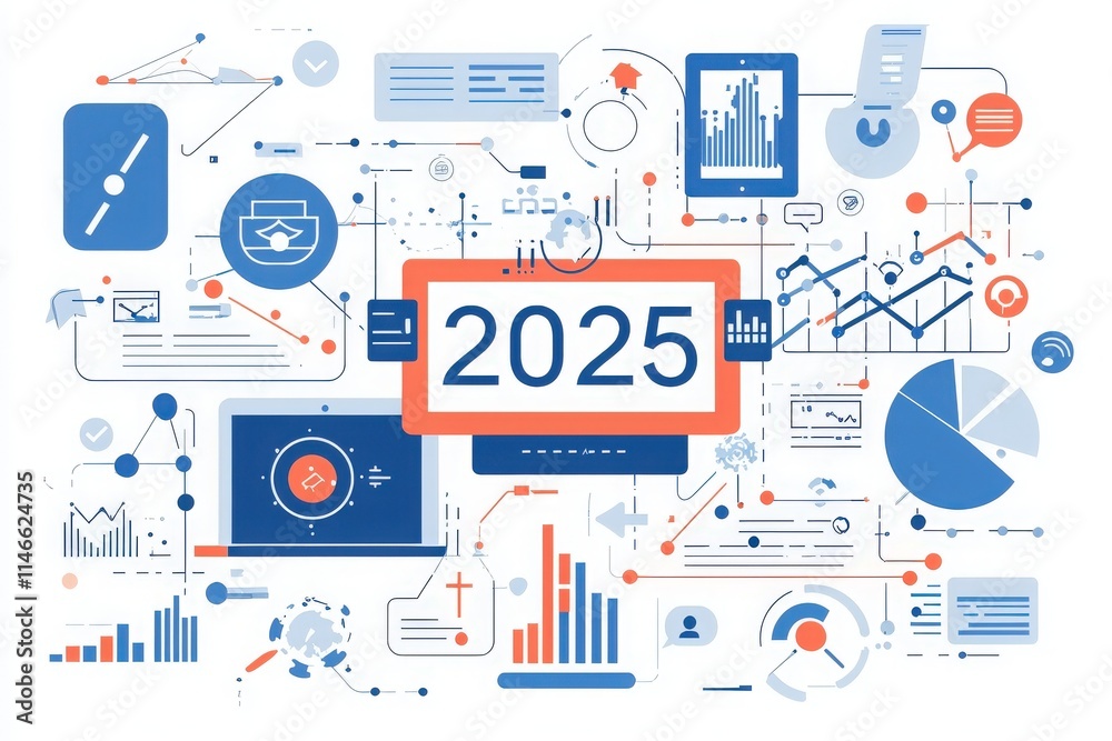 This illustration showcases various data analytics elements, charts, graphs, and digital tools, emphasizing trends and projections for 2025. Its a colorful blend of technology and information.