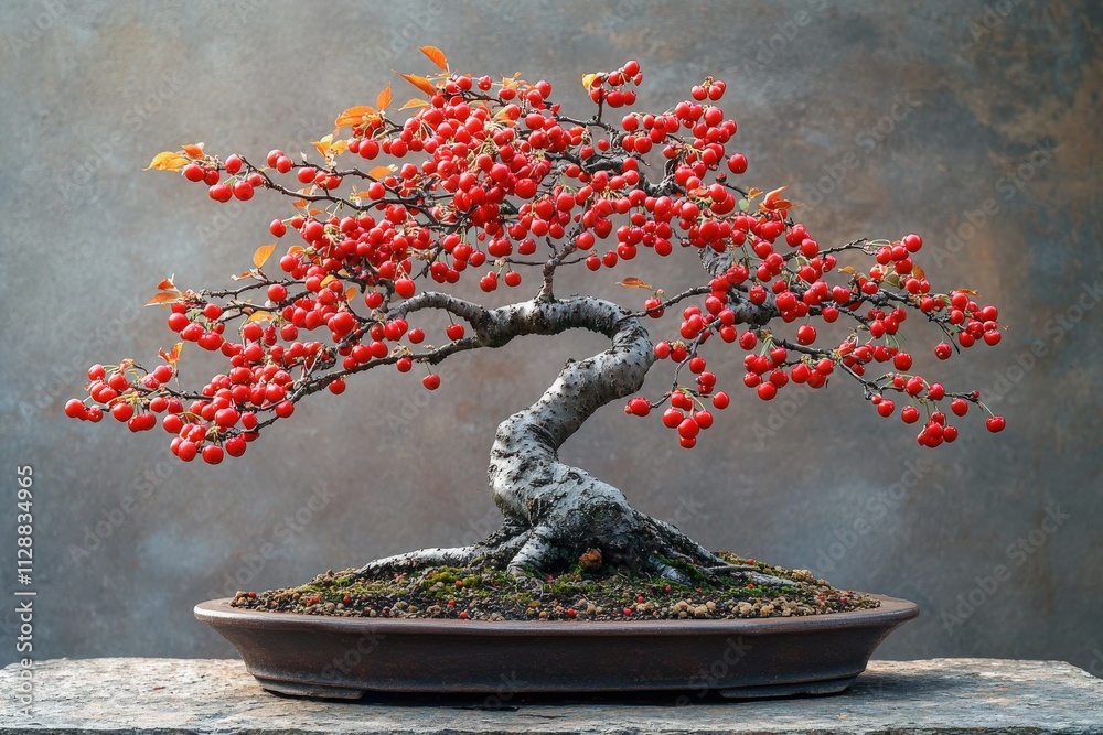 This intricate bonsai tree showcases a twisted trunk and lush green foliage, beautifully enhanced by clusters of bright red berries. It stands in a simple pot, presenting a tranquil aesthetic.