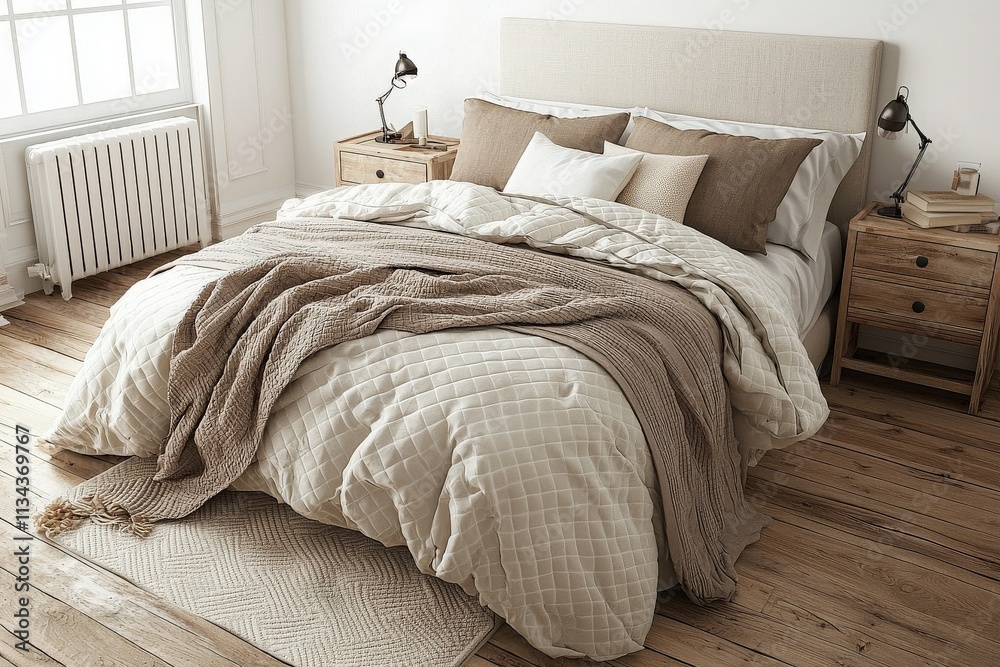This inviting bedroom features a soft, neutral color palette with a plush bed, decorative pillows, and warm wooden accents.