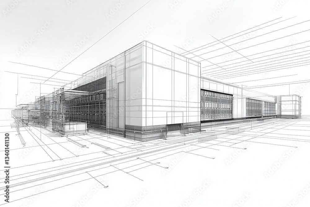 This sketch highlights a contemporary buildings design, featuring sharp lines and geometric shapes. The layout emphasizes spaciousness and modernity, inviting viewers to envision its construction.