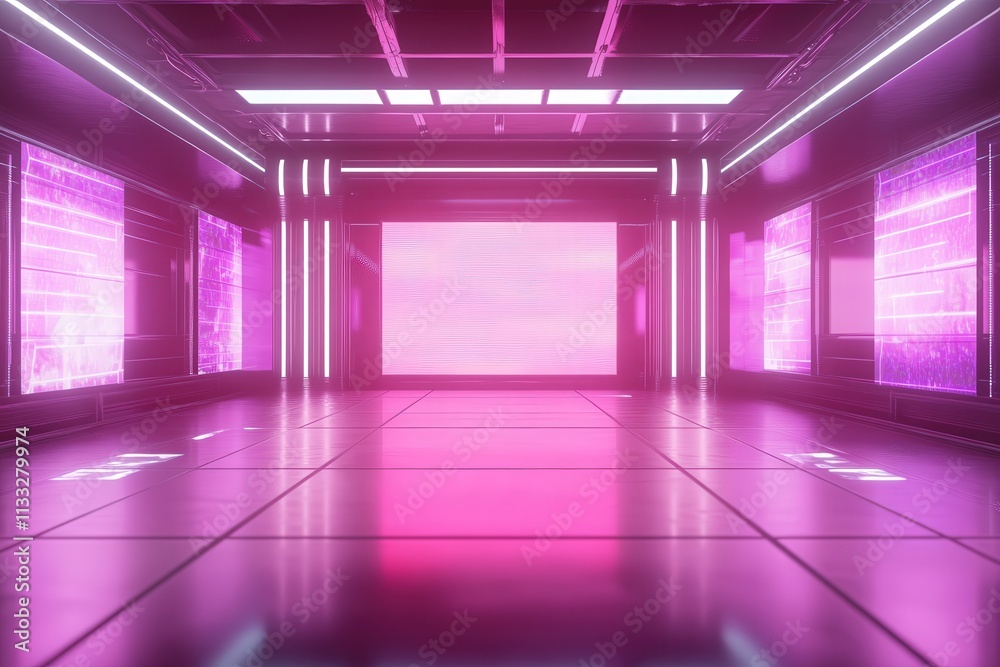 This space features glowing pink lighting, smooth floors, and high-tech walls, creating an immersive atmosphere ideal for digital gatherings or presentations in a cyber-inspired setting.