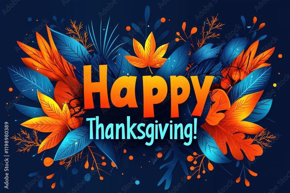This vibrant Thanksgiving greeting features bold lettering surrounded by colorful autumn leaves and foliage on a dark background. The design captures the festive spirit of the holiday season.