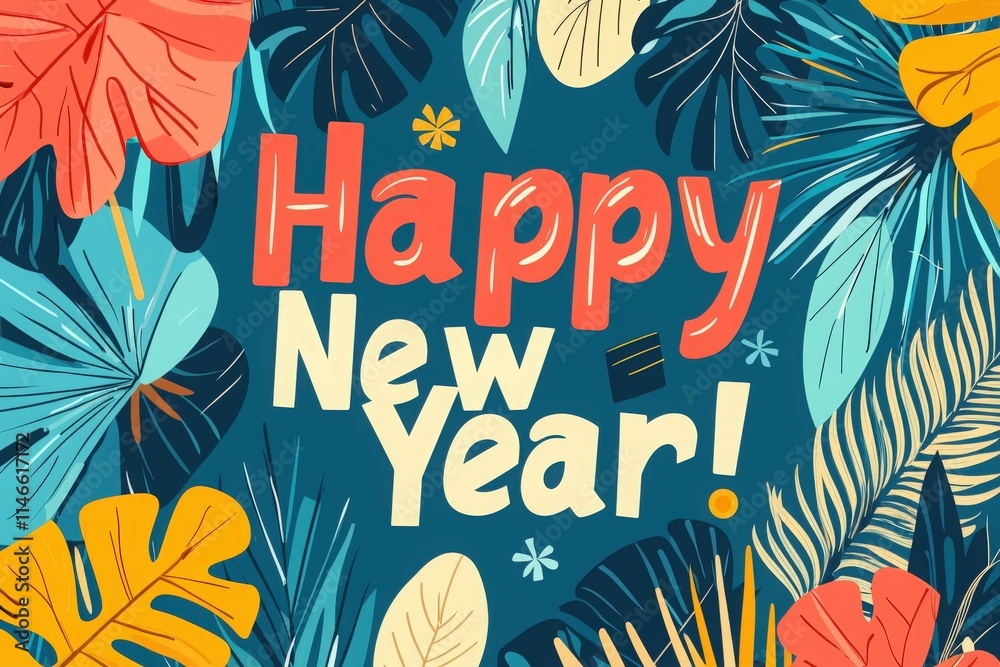This vibrant artwork features the phrase Happy New Year surrounded by lush tropical leaves, showcasing a festive spirit. The colors are bold and engaging, perfect for holiday greetings.